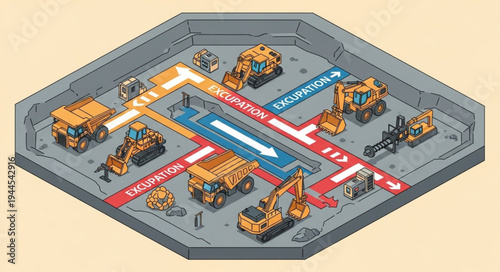 Isometric illustration of a mining operation with excavators, dump trucks, and loaders working in a quarry.