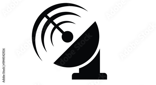 Minimalist black and white graphic of a satellite dish with radiating waves