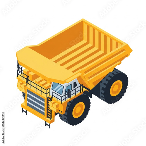 Isometric illustration of a large yellow mining dump truck, isolated on a white background.