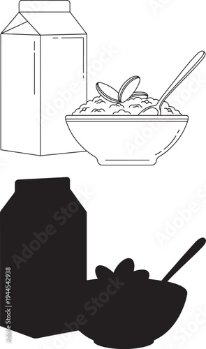 Cereal bowl and milk carton icon silhouette line