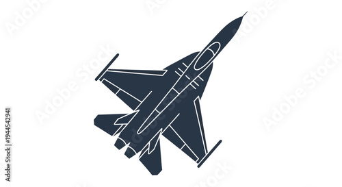 A dark blue stylized vector illustration of a military fighter jet in flight