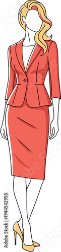 Elegant Fashion Illustration of a Woman Wearing a Coral Pink Peplum Blazer and Pencil Skirt Suit with High Heels Professional Corporate Style Sketch