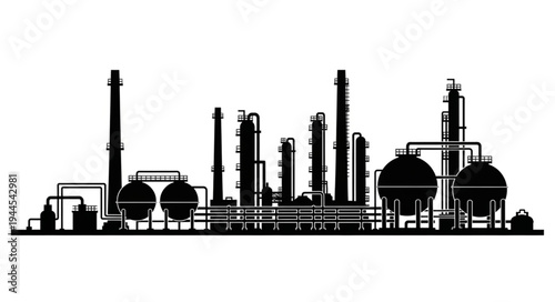 Silhouette of a large industrial oil refinery complex with multiple towers and storage tanks against a white background.