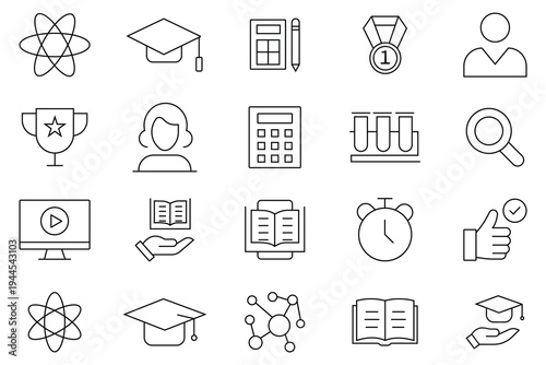 Education icon sets. Out line icon of  school subjects, supplies, science, E-learning, video tutorial, knowledge, study, school, university, online education. Vector illustration. 