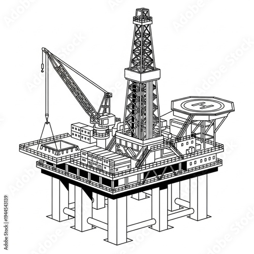 Illustration of an offshore oil drilling rig with a crane and helipad, isolated on a white background.