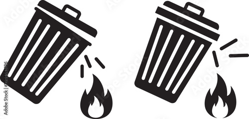 Trash can icon with fire silhouette outline outline