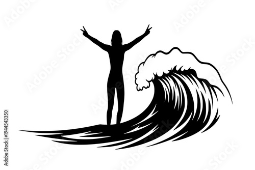 Triumphant Surfer Woman Celebrating in Wave Pocket Hang Ten Style Victory Pose Black Vector Silhouette