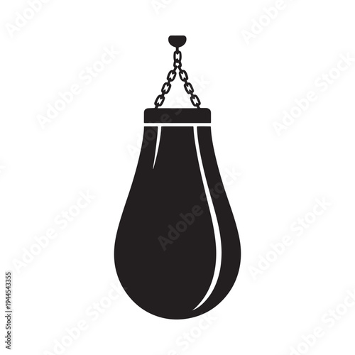 A simple black silhouette of a traditional hanging boxing punch bag