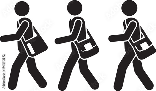 Three walking person icons with shoulder bags side by side