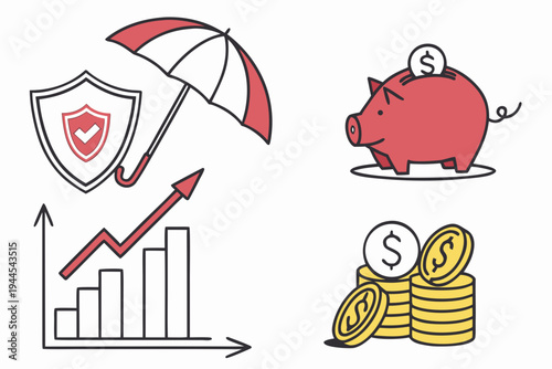 Financial growth with piggy bank and umbrella finance shield