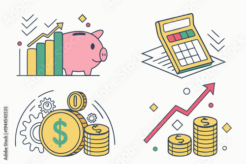 Financial and symbols piggy bank calculator coins gear dollar sign