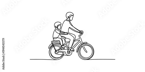 Continuous line drawing of a father and child wearing helmets riding a bicycle together Vector, illustration