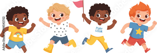 Group of four happy cartoon children running together with diverse outfits and playful expressions, vector illustration for kids design, education, friendship, and inclusivity projects