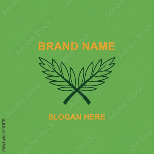 Green logo with crossed leaves and text placeholders for brand name and slogan.