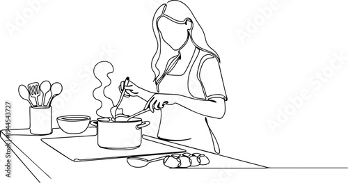 girl with a cup of ramen noodles in kitchen  line art 