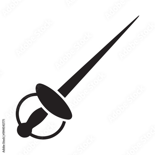 A simple black silhouette of a fencing foil poised for action