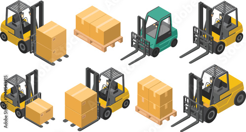 Isometric forklift trucks loading cargo boxes on pallets, warehouse logistics transport equipment material handling industrial delivery illustration set