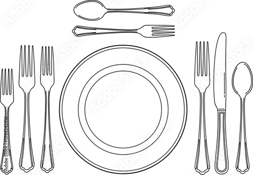 Elegant formal dining table setting with multiple plates, forks, knives, spoons, and dessert utensils arranged in traditional etiquette layout for luxury banquet presentation