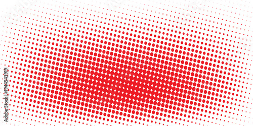 Red color halftone gradient texture. Vanishing cartoon polka dot background. Repeating dotted gradation pattern. Fading comic pop art overlay backdrop. Raster halftone effect wallpaper. Vector