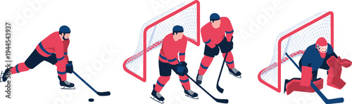 Isometric ice hockey players illustration, hockey goalie and defenders near goal, winter sports action, professional hockey team gameplay concept