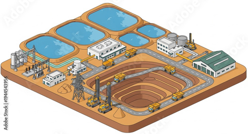 Isometric illustration of an open-pit mine with processing facilities and water reservoirs.