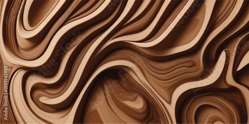 Smooth liquid dark chocolate waves flow in a silk texture design with gold swirls creating an artistic brown satin backdrop wallpaper
