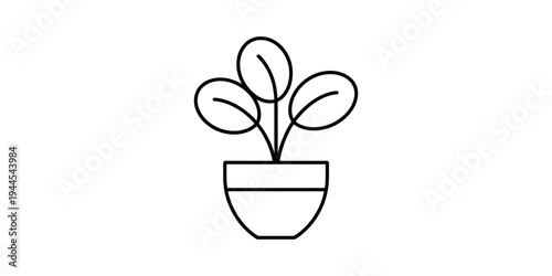 Simple black and white line art illustration of a small potted plant with three round leaves. Vector, illustration