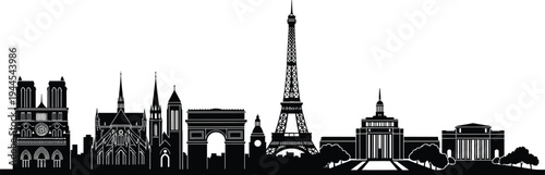 Paris skyline silhouette with Eiffel Tower Notre Dame Arc de Triomphe and Pantheon, famous French landmarks illustration, travel tourism architecture vector