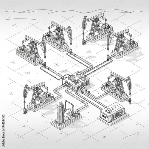 Isometric illustration of an oil field with multiple pumpjacks connected by pipelines.