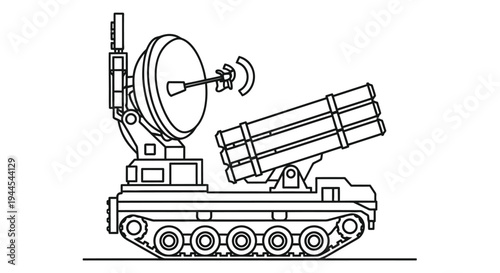 Line drawing of a military vehicle featuring a satellite dish and rocket launcher
