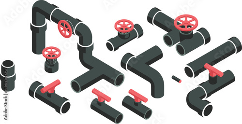 Isometric plumbing pipes and valves set, industrial pipeline fittings PVC connectors water supply system illustration isolated
