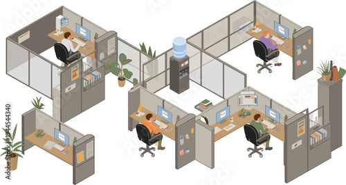 Isometric office cubicle workspace with employees working on computers, corporate business environment modern workplace productivity illustration scene