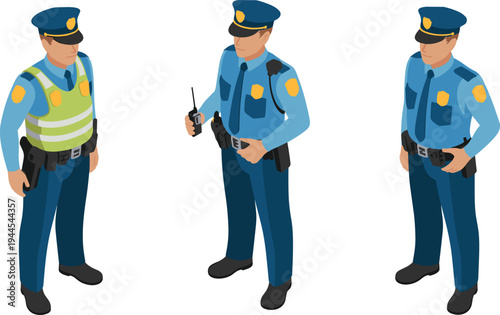 Isometric police officers set, traffic police and patrol officer with radio communication law enforcement illustration concept