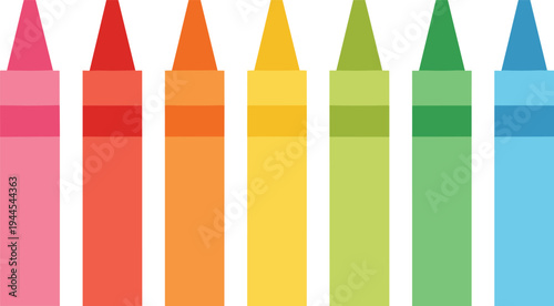 Row of seven colorful crayons in pink, red, orange, yellow, green, and blue, flat vector illustration for children’s art, school supplies, design, and education projects