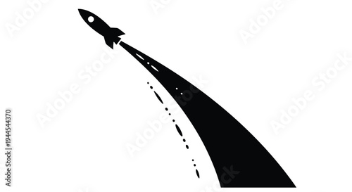 A black silhouette of a rocket launching upwards with a trail of smoke