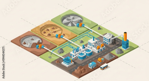 Isometric illustration of an industrial complex showing raw material extraction, processing, and manufacturing.