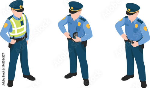 Isometric police officers set, traffic police and security officer with radio uniform law enforcement illustration