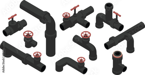 Isometric PVC plumbing pipes and valves set, industrial pipeline fittings water supply system connectors illustration isolated