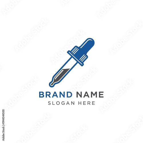 Blue dropper with liquid and text for brand name and slogan.