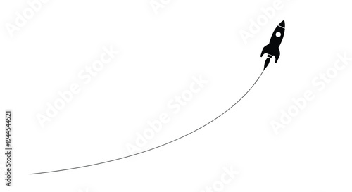 A black rocket ship ascends on a curved trajectory against a white background