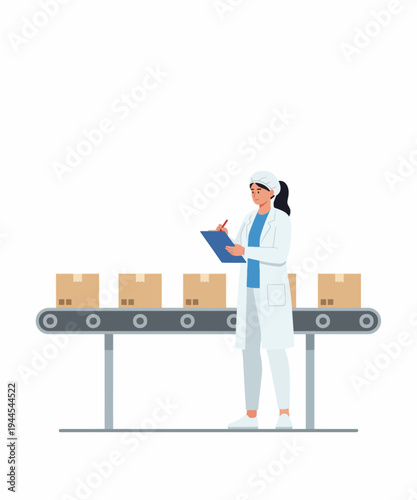 Female factory worker checking packages on conveyor belt vector illustration
