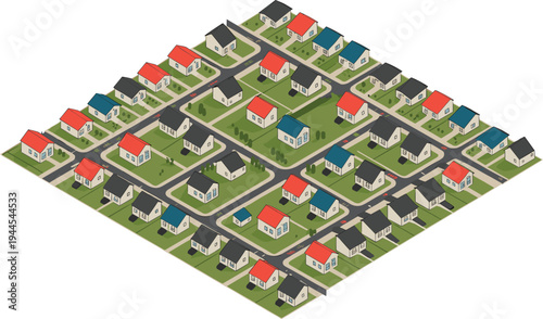 Isometric suburban housing neighborhood illustration, organized residential streets, family homes community layout, urban planning concept, modern suburb architecture design