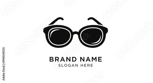 Simple black sunglasses logo with brand name and slogan placeholder on white background.