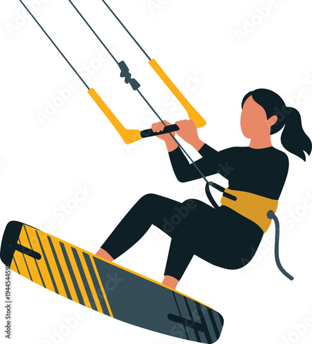 Kiteboarding woman riding kiteboard on water, extreme kitesurfing sport action illustration with athlete controlling kite in ocean wind conditions