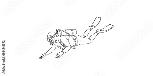 Continuous line art illustration of a scuba diver swimming with full equipment Vector, illustration