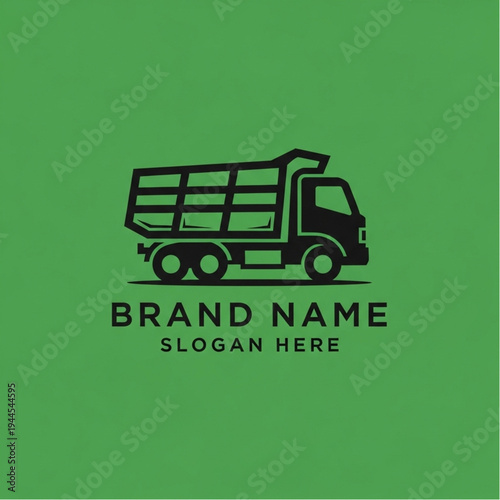 Modern black outline dump truck logo on a green background with space for brand name and slogan.