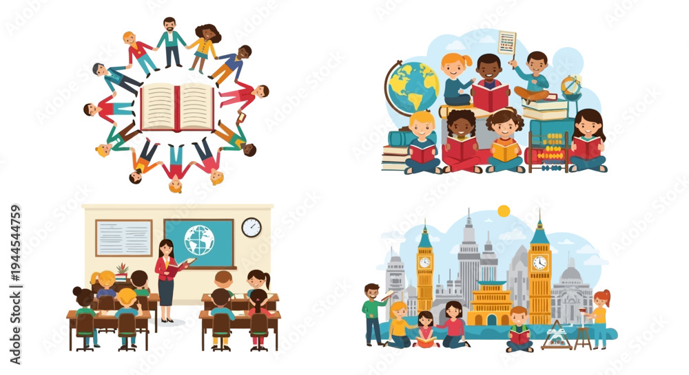 Fototapeta premium Children engaging in diverse learning activities including reading and classroom settings