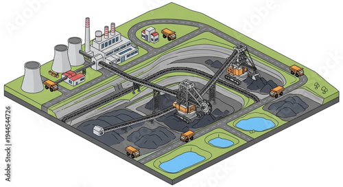 Isometric illustration of a coal mine and power plant complex with heavy machinery and trucks.
