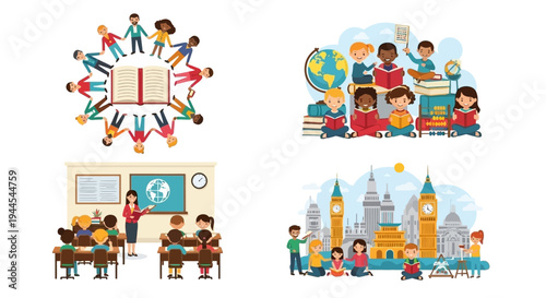 Children engaging in diverse learning activities including reading and classroom settings