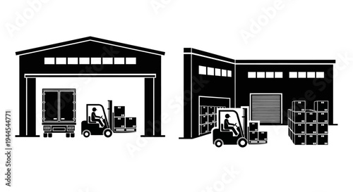 Warehouse facilities with forklifts and stacked boxes in black and white